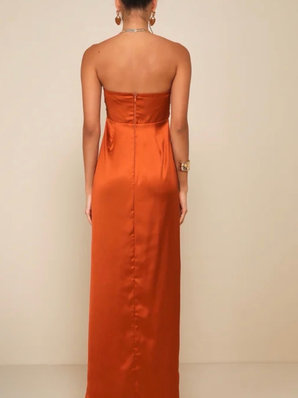 Memorable Entrance Rust Orange Strapless Satin Dress - Picture 3 of 7